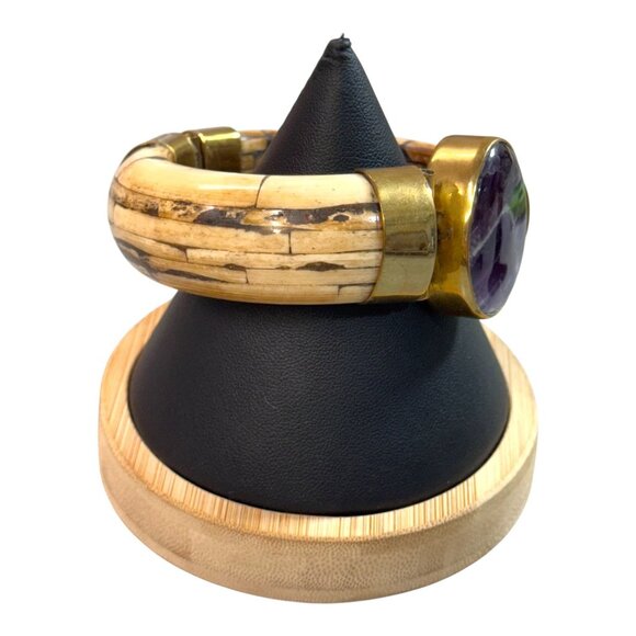Vtg Carved Bone Boho Brass Wood Bangle Bracelet Large Amethyst Stone Statement - Picture 4 of 10